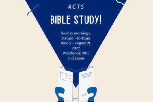 Person holding a book that says Acts Bible Study Sunday mornings 9:45am - 10:45am June 5-August 21 Westbrook 0012 and zoom