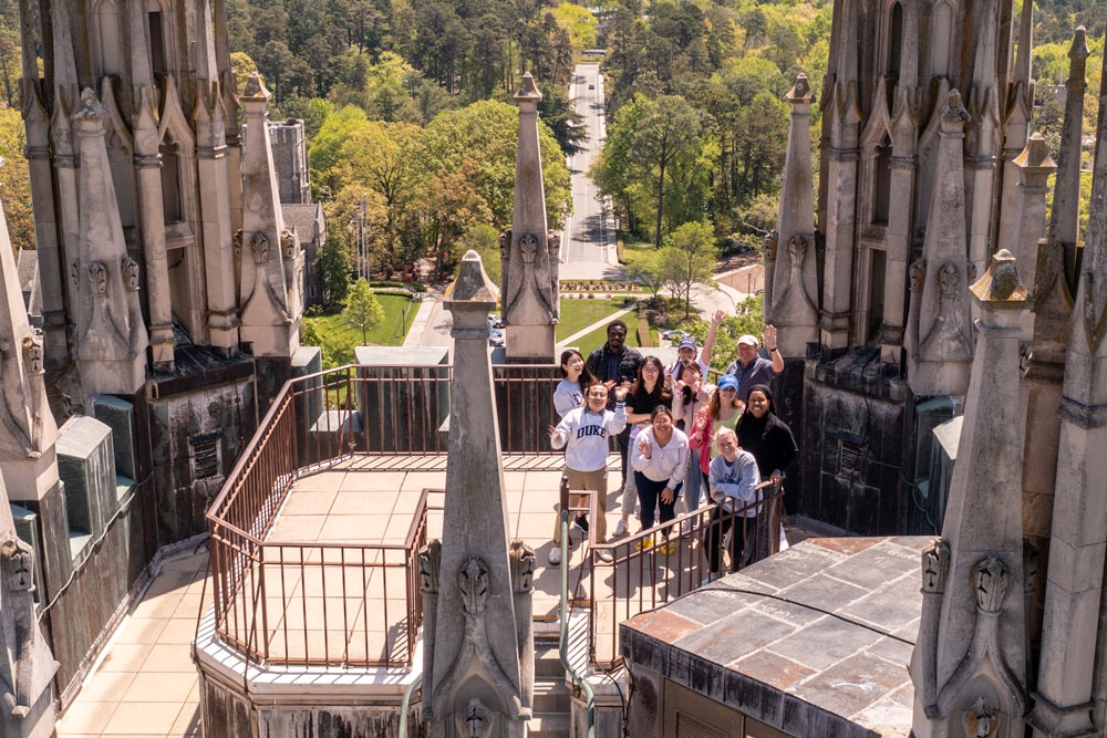 Students and Religious Life staff on the top of the Duke Chapel tower