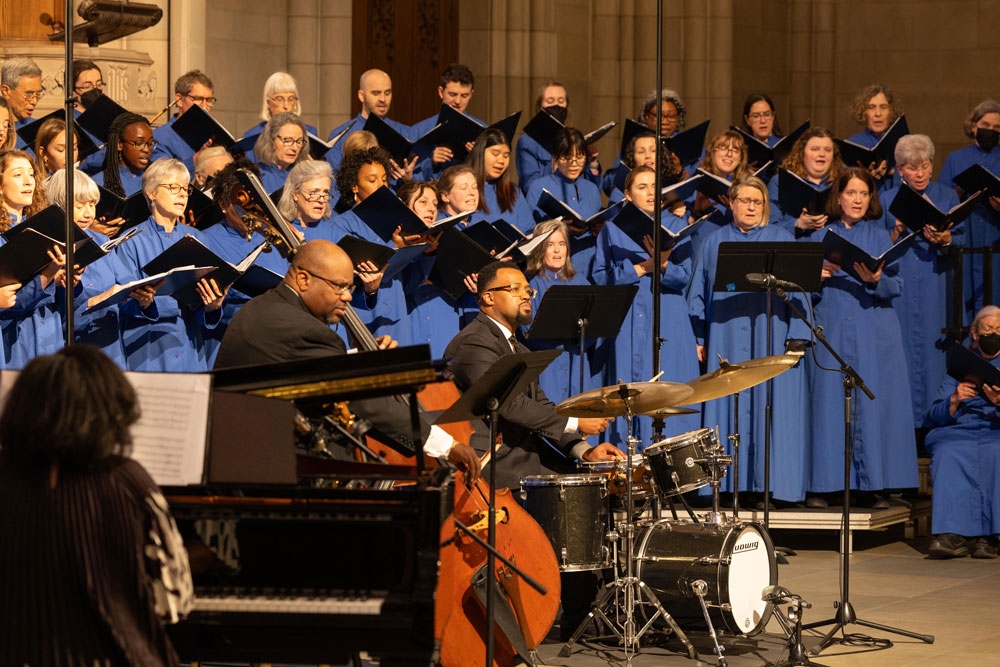 The Duke Chapel Choir performs with (left to right) Patrice E. Turner, John V. Brown, and Orlandus Perry, during the Our First Lady of Jazz concert on April 14.