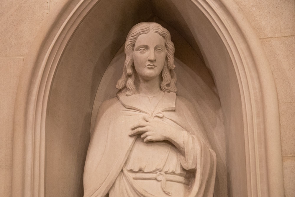 A statue in Duke Chapel represents piety or "religio" from the university's moto "Eruditio et  Religio"