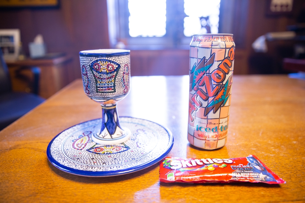 Communion cup and plate with Skittles and Arizona Ice Tea