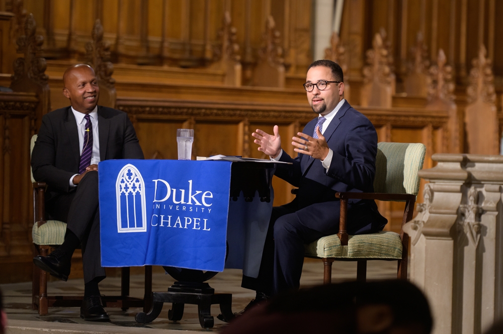 Duke Chapel Dean Luke A. Powery (right) introduces Bryan Stevenson