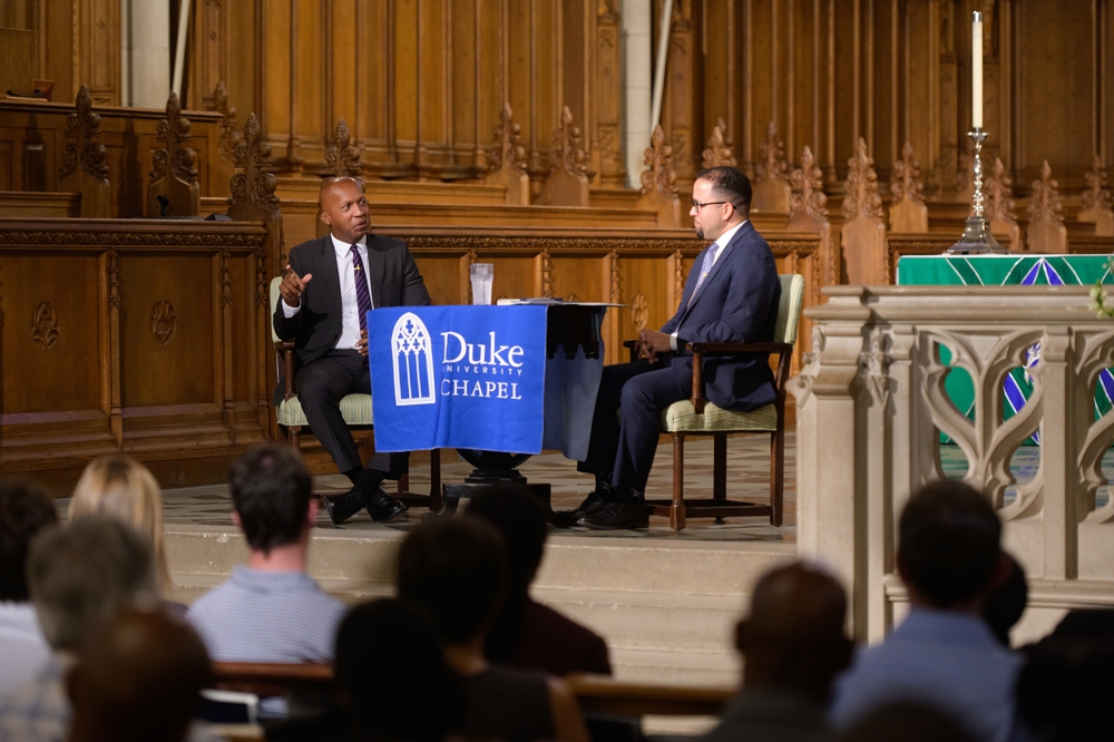 Stevenson (left) responds to a question from Dean Powery.