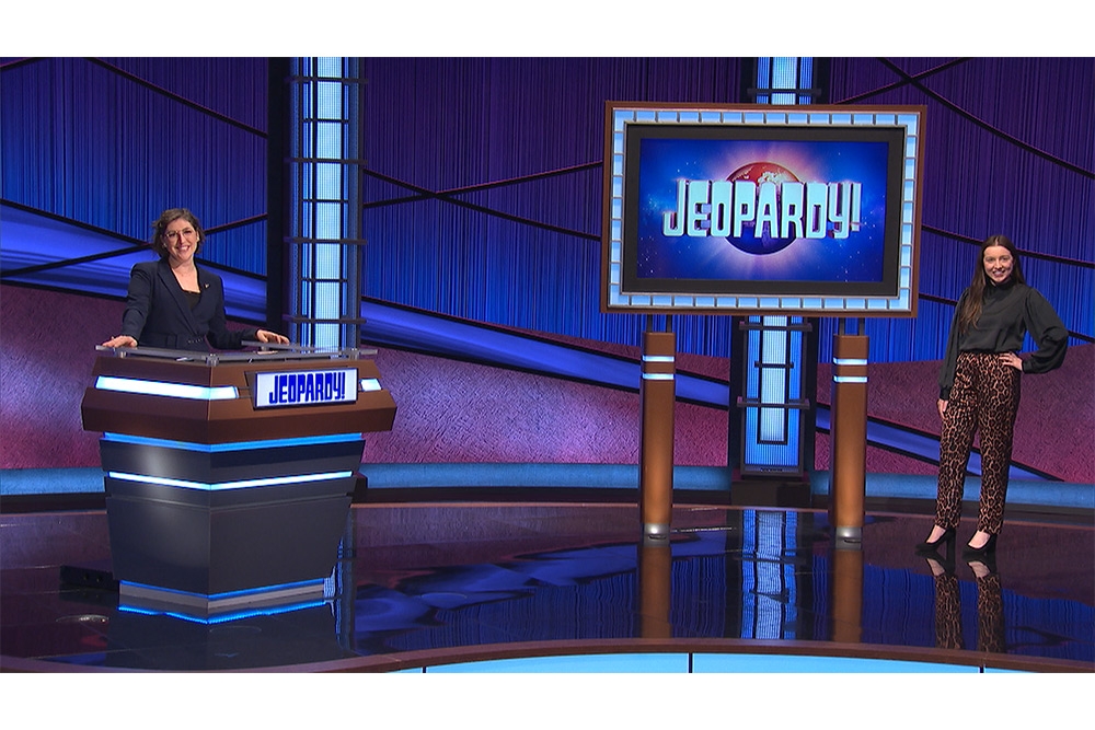 Grace Jeffrey, T '21 (right), on "Jeopardy!" with host Mayim Bialik.