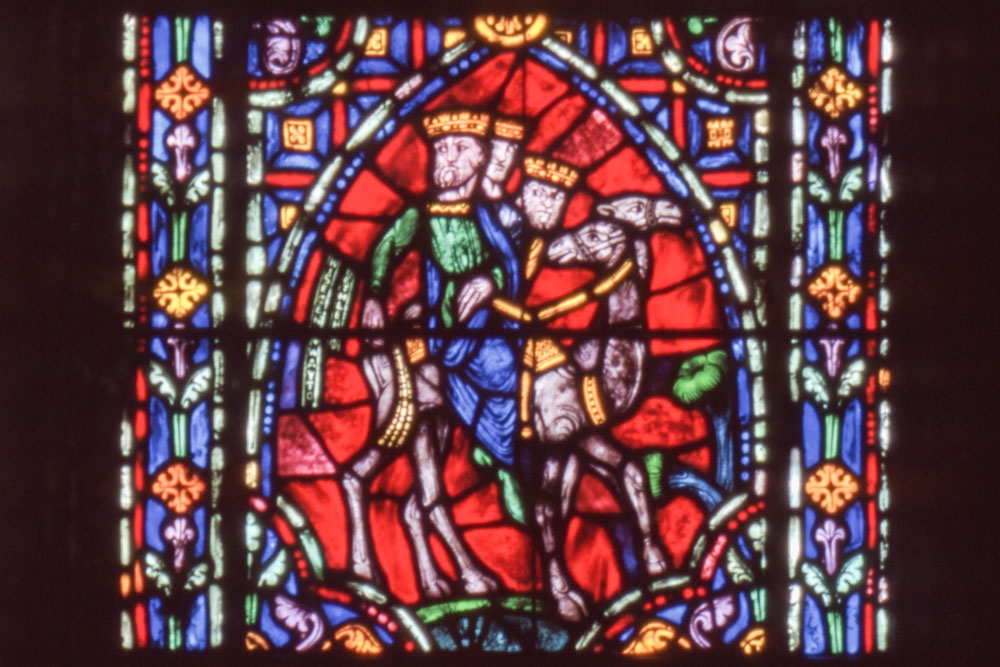 The three wise men depicted in a Duke Chapel window (but only two camels!).