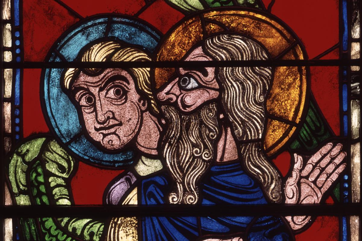 Tobit with Tobias and Raphael stained glass