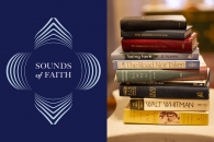 "Sounds of Faith" logo with a stack of books of poetry and prayer.